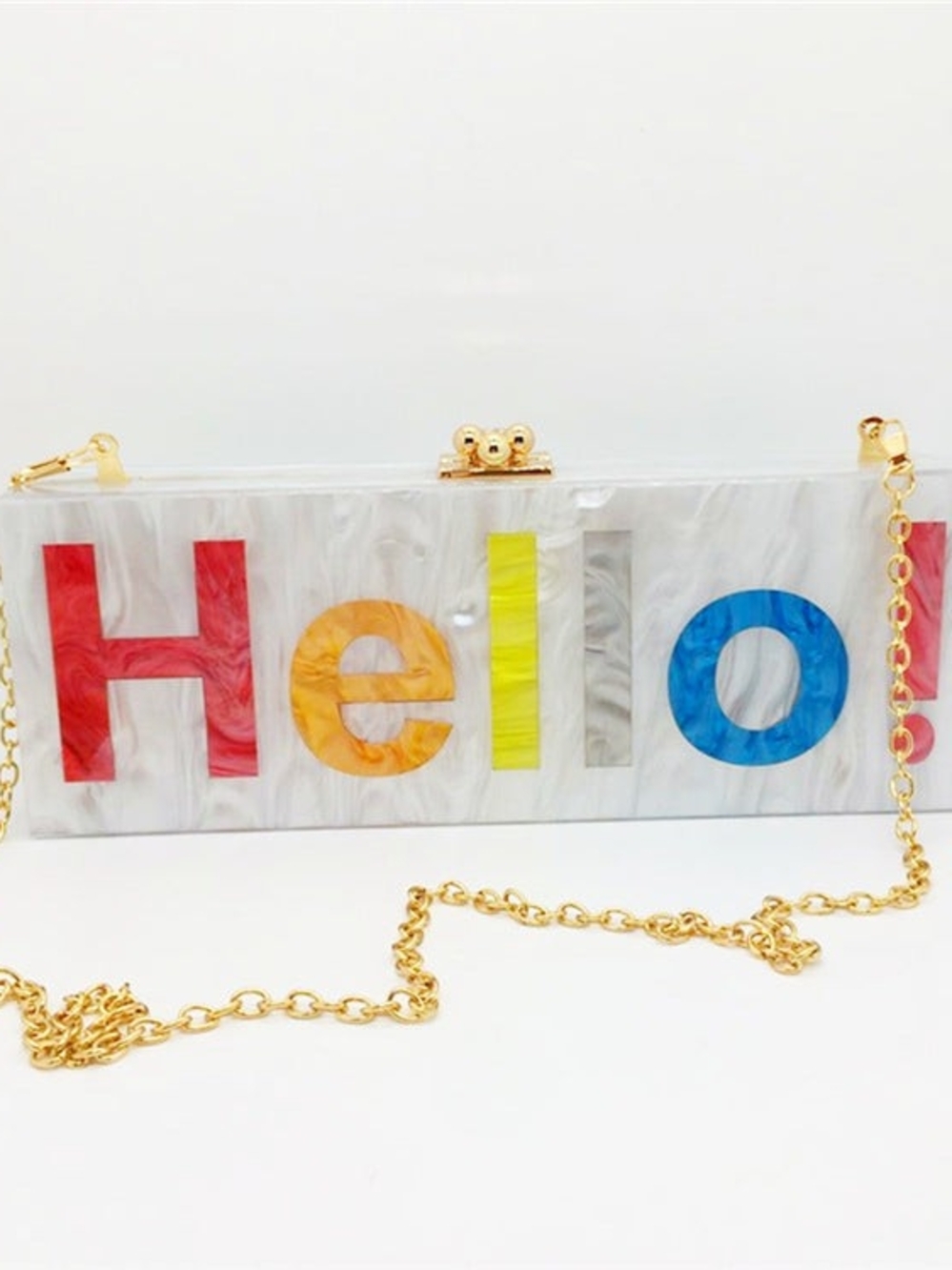 Hello! Acrylic Box Clutch in Multicolor with Gold Chain